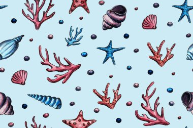 Okyanus canlılarıyla el yapımı suluboya desen