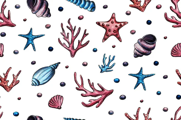Ręcznie rysowane akwarela bezszwowy wzór z stworzeń oceanicznych — Zdjęcie stockowe