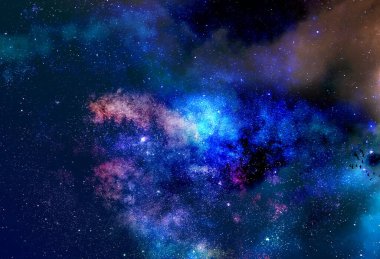 Yıldızlı renkli Samanyolu arka planına sahip gece manzarası. Yazın yıldızlı gökyüzü. Güzel Evren. Boşluk