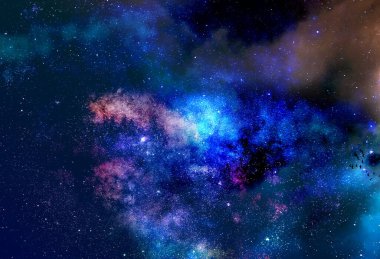 Yıldızlı renkli Samanyolu arka planına sahip gece manzarası. Yazın yıldızlı gökyüzü. Güzel Evren. Boşluk