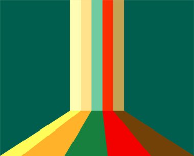 Dikey renk çizgileri ve parlak zemin şeritleri olan cesur, soyut bir kapı aralığı. Kompozisyon, modern, dinamik enerji ve görsel entrika uyandırmak için canlı renkler ve güçlü geometri kullanır..