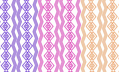 Mavi, pembe ve turuncu renkli zigzag çizgileri ve elmas motifleri içeren canlı geometrik desen. Arka planlar, tekstil, posterler ve enerjik ritimli çağdaş tasarım için ideal.