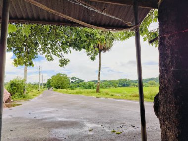 Yeşil çatılı eski ahşap çit