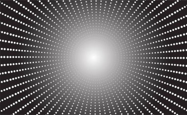 Siyah-beyaz gradyan arkaplandaki beyaz noktaların soyut radyal yarım ton deseni, retro, pop sanat, teknoloji ve grafik tasarım projeleri için derinlik ve hareket yaratıyor..