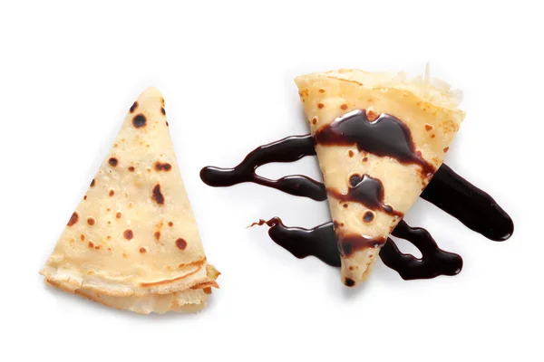 Pfannkuchen Mit Schokolade Crêpe Auf Weißem Hintergrund Schokoladenpfannkuchen Pfannkuchen Mit — Stockfoto