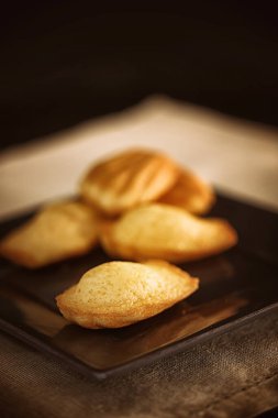 Madeleine, Fransız pastası, ev yapımı Fransız kabuğu şeklinde kurabiye, kırsal bir masada.