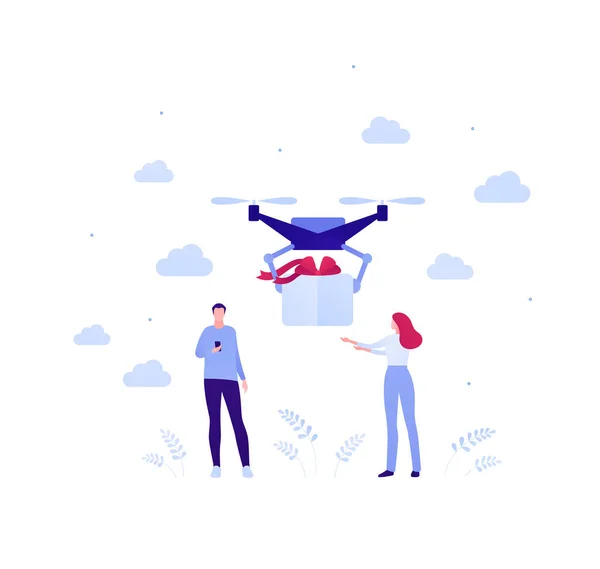 Regalo Vacaciones Drone Paquete Entrega Concepto Servicio Ilustración Plana Persona — Archivo Imágenes Vectoriales