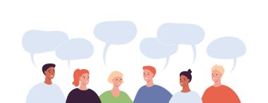 Çeşitlilik toplum konsepti. Vektör düz insan illüstrasyonu. Çeşitli etnik çeşitlilikteki kadın ve erkek kalabalığı sohbet ediyorlar. Konuşma balonu işareti. Çağdaş tarz. Pankart ve web bilgileri için tasarım ögesi.