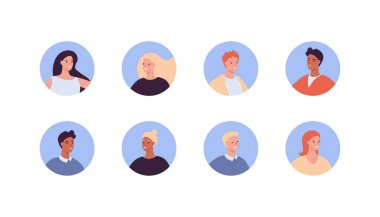 Çeşitli insanlar avatar seti. Vektör düz insan illüstrasyonu. Farklı etnik gruplardan yetişkin erkek ve kadın toplulukları beyaz arka planda izole edildi. Web profil simgesi için tasarım ögesi.