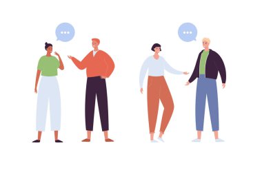 Çeşitlilik arkadaşlık kavramı. Vektör düz modern insan illüstrasyonu. Farklı etnik kökenlere sahip kadın ve erkekler beyazlar üzerinde izole bir şekilde iletişim kurarlar. Konuşma balonu işareti. Tasarım elemanı. Çağdaş biçim.