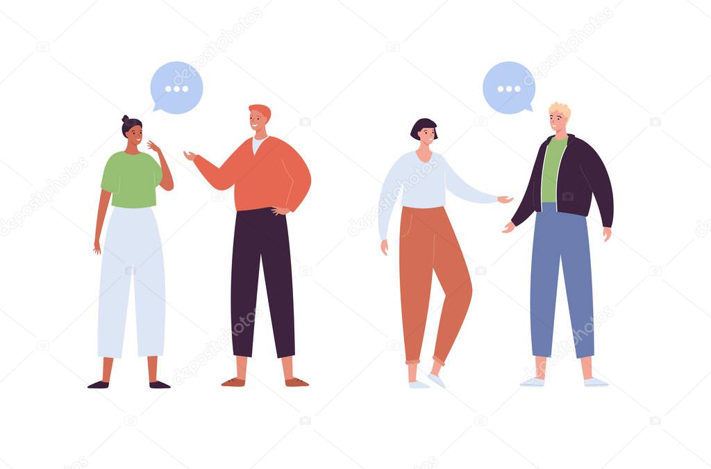 Diversity friendship concept. Vector flat modern people illustration. Diverse man and woman of different ethnic communicate isolated on white. Talk bubble sign. Design element. Contemporary style.