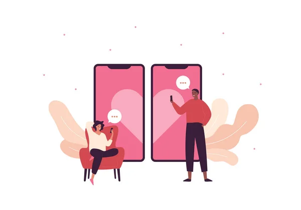 Online Dating App Service Concept Vector Platte Mensen Illustratie Een — Stockvector