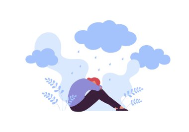 Üzücü ve depresyon duygu konsepti. Vektör düz insan illüstrasyonu. Depresyonda olan bir kadın. Yağmur işareti olan bulut. Olumsuz duygu, keder, travma sonrası stres bozukluğu, üzüntü, zihinsel bozukluğun sembolü..