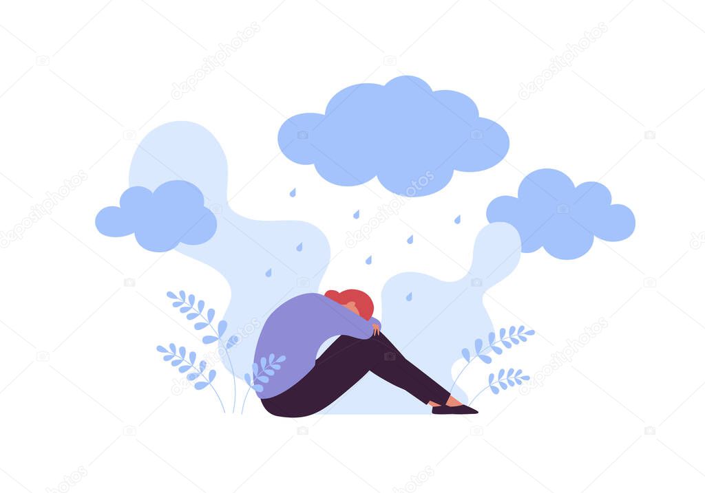 Sad and depression emotion concept. Vector flat people illustration. Woman sitting alone in depressed pose. Cloud with rain sign. Symbol of negative feeling, grief, ptsr, sorrow, mental disorder.