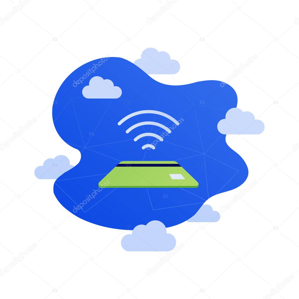 Contactless payment concept. Vector flat illustration. Bank credit card with wave pay transaction symbol on cloud sky background. Design for cashless technology.