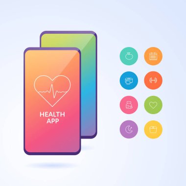 Sağlık takip uygulaması teknoloji konsepti. Vektör düz çizim. Ekranda kalp atışı sembolü olan akıllı telefon cihazı. Sağlık, diyet, planlama, yemek, ilaç ve spor ikonları.