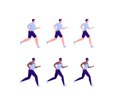 Egzersiz konseptini çalıştır. Vektör düz çizim seti. Kafkas ve Afrika kökenli Amerikalı genç erkek koşucuların toplanması beyazlar üzerinde izole edildi. Maraton, fitness ve spor için tasarım ögesi.