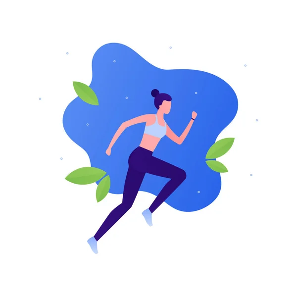 Run Workout Konzept Vektorflache Illustration Junge Läuferin Trainingsanzug Auf Blauem — Stockvektor