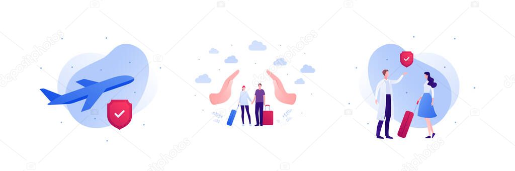 World travel and international tourism insurance concept. Vector flat people illustration set. Airplane with red shield and checkmark. Couple of tourist passenger with luggage bag. Doctor character.