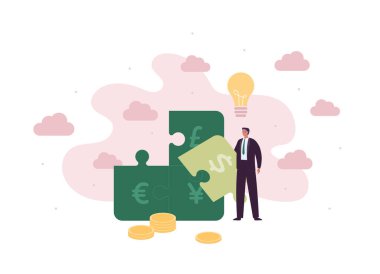 İş fikri ve finansal başarı kavramı. Vektör düz yaratıcı illüstrasyon. Bir yığın para ve para levhası olan bir yapboz. Takım elbiseli iş adamı elinde bir parça tutuyor. Ampul ilham sembolü.