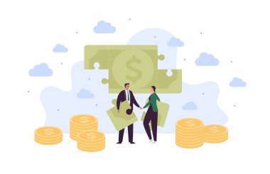 İş fikri ve finansal başarı kavramı. Vektör düz yaratıcı illüstrasyon. Para ve dolar işaretli yapboz. Takım elbiseli bir iş adamı ve kadın ortak tokalaşması. Ortaklık mecazı