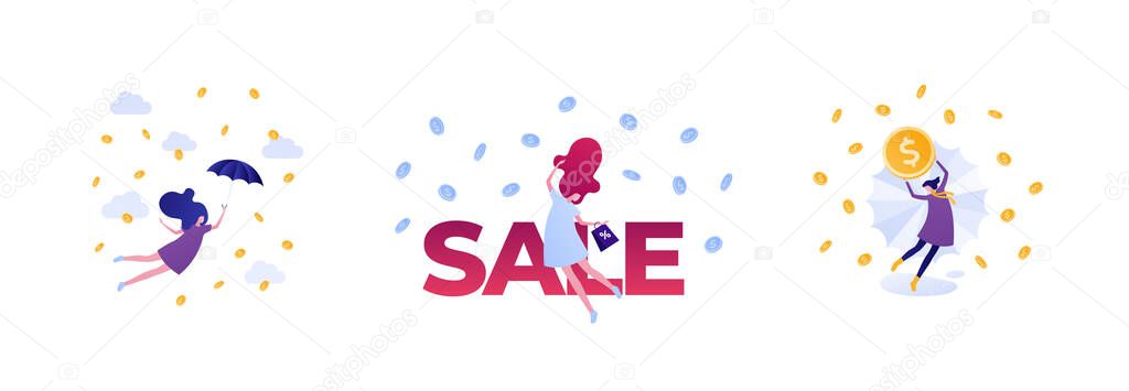 Shopping sale concept. Vector flat people illustration set. Collection of happy female with shopper and umbrella dancing in money rain. Design element for marketing and advertisment.