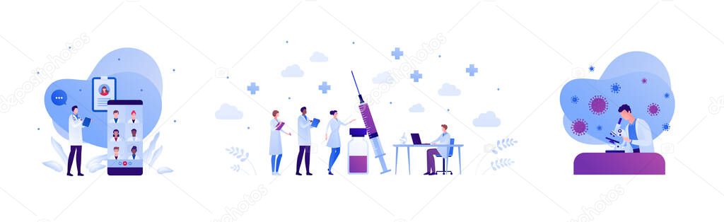 Vaccination and virus study concept. Vector flat people illustration set. Red shield symbol. Team of scientist research. Vaccine in syringe, microscope and vial. Tele conference on smartphone screen.