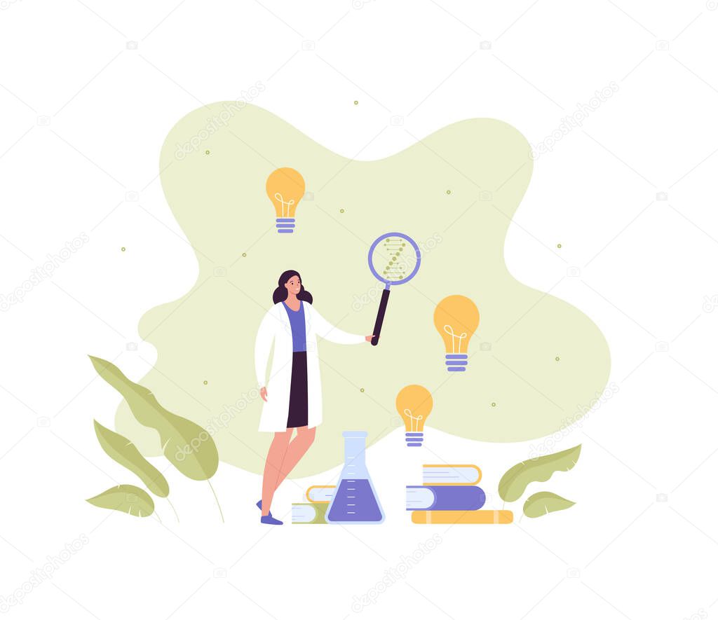 Genetic medical discovery concept. Vector flat character illustration. Dna helix biotechnology and idea lightbulb symbol. Female doctor with magnifier glass. Woman scientist and lab equipment and book