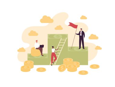 İş ortaklığı, takım çalışması ve yatırım başarısı konsepti. Vektör düz yaratıcı illüstrasyon. Takım elbiseli iş adamı bayrak tutuyor, Afro-Amerikan kadın merdivene tırmanıyor. Para sembolü.