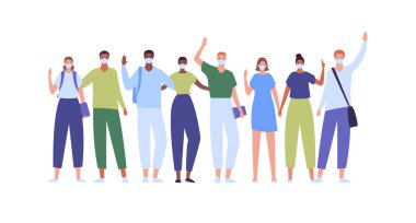 Mutlu üniversite öğrencileri topluluğu. Vektör düz yaratıcı illüstrasyon. Çeşitli etnik erkek ve kadın grupları. Sırt çantası ve koruyucu maske takan çok ırklı yetişkin erkek ve kızlar..