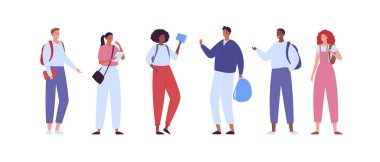 Mutlu lise öğrencisi konsepti. Vektör düz yaratıcı öğrenci karakter çizimi. Çok ırklı erkek ve kız grupları gündelik moda kıyafetleri içinde. Asyalı, Kafkas ve Afrikalı etnik.