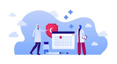 Müslüman doktor ve aşı konsepti. Vektör düz insan illüstrasyonu. Atkı ve üniformalı bir erkek ve kadın. Şırınga ve şişede aşı. Takvim ve kalkan işareti. Sağlık ve tıp için tasarım