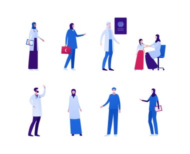 Müslüman doktor koleksiyonu. Vektör düz insan karakteri çizimi. Erkek ve kadın sıhhiye ekibi. Hemşire, sügreon, sağlık görevlisi, çocuk doktoru, radyoloji uzmanı. Sağlık ve tıp için tasarım unsuru.