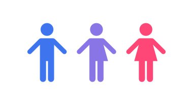 Cinsiyet eşitliği ve çeşitlilik kavramı. Vektör düz çizim seti. Mavi adam, pembe kadın ve mor transseksüel insan silueti ikonu beyaz arka planda izole edilmiş. Tasarım ögesi