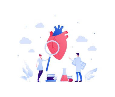 Kardiyoloji ve kalp hastalığı konsepti. Vektör düz insan illüstrasyonu. Bir çift erkek ve kadın doktor bilim adamı. Büyüteç, kitap, laboratuvar tüpü tabelası. Sağlık, bilim, eğitim için tasarım