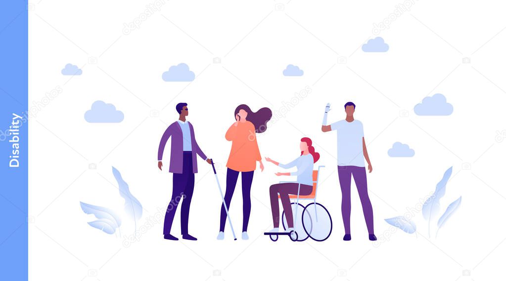 Inclusion and diverity concept. Vector flat people character illustration. Happy male and female group of different ethnic. Blind with stick, woman in wheelchair, man with prosthetic arm and deaf.