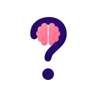 Zihin, düşünce, psikoloji ve akıl hastalığı konsepti. Vektör düz renk ikonu resimlemesi. Soru işareti sembollü beyin silueti. Tasarım ögesi.