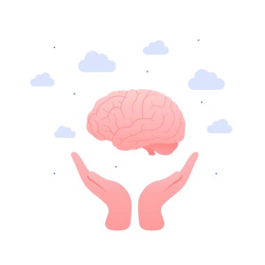 İnsan organı koleksiyonu. Vektör düz modern anatomik simge renk çizimi. İnsan elleri, beyni gökyüzü beyaz arka planda izole halde tutar. Sağlık nörolojisi ve akıl sağlığı işaretleri. Tasarım ögesi.