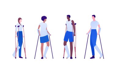 Kötü yaralanma konsepti. Vektör düz hasta karakter çizimi seti. Kırık bacak. Yaralı ayaklı, bandajlı ve koltuk değnekli bir kadın ve erkek. Sağlık hizmetleri için tasarım ögesi.