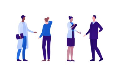 Doktor ve hasta acı içinde. Vektör düz karakter çizimi seti. Sırtı ağrıyan ve boynu ağrıyan kadın ve erkek koleksiyonu. Sağlık hizmetleri için tasarım.