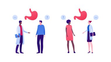 Mide kontrolü ve gastroloji konsepti. Vektör düz insan illüstrasyonu. Sindirim sistemi kontrolü. Doktor ve hasta randevusu. Bir grup erkek ve kadın karakter. Sağlık hizmetleri için tasarım.