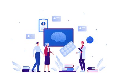 Doktor ve hasta. Beyin hastalığı konsepti. Vektör düz insan illüstrasyonu. Yetişkin bakıcı ve son sınıf öğrencisi bir bayan. MR taraması, kitap, tıp sembolleri. Sağlık hizmetleri için tasarım.