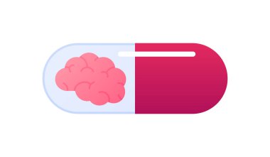 Beyin sağlığı ve araştırma konsepti. Vektör düz çizim. İnsan beyni silueti olan ilaç kapsülü. Sağlık, bilim, eğitim için tasarım.