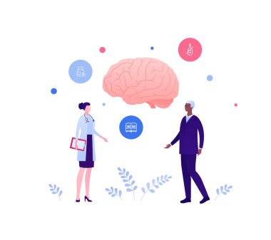 Beyin hastalığı konsepti. Vektör düz insan illüstrasyonu. Afro-Amerikan erkek kıdemli hastası olan kadın doktor. Nöroloji, alzheimer ve bunama hastalığının sembolü. Sağlık hizmetleri için tasarım.