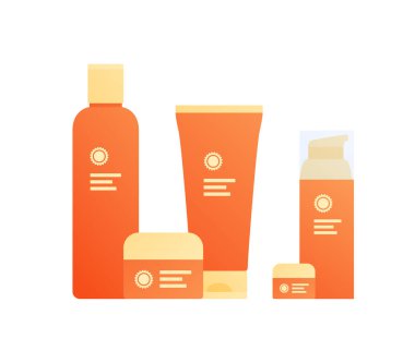 Güneş kremi konsepti. Vektör düz çizim, yatay kavanoz seti, tüp ve bir şişe yaz kremi. Sarı ve turuncu renk. Kozmetik endüstrisi ve dermatoloji için tasarım.