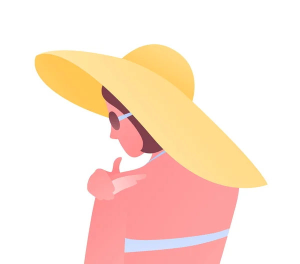 日焼け止めクリームのコンセプト ベクトルフラット人のイラスト 帽子と水着のタン女性のアバターは肩にサンクリームを適用します 化粧品業界と皮膚科のためのデザイン — ストックベクタ