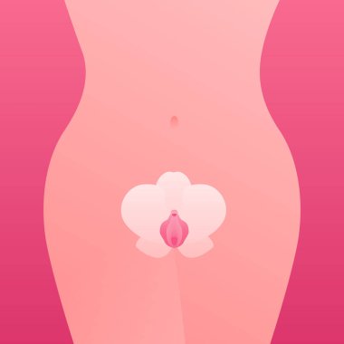 Female reproductive system symbol. Vector flat illustration. Vulva in form of flower symbol. Woman body on background. Design for healthcare, gynecology, beauty industry clipart
