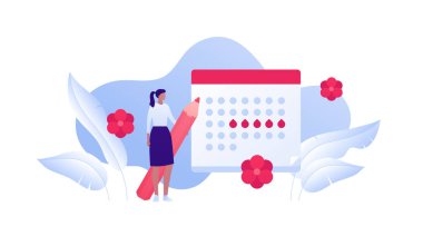 Female periods concept. Vector flat character illustration. Woman standing with pencil. Calendar with flower symbol. Design for health care, business