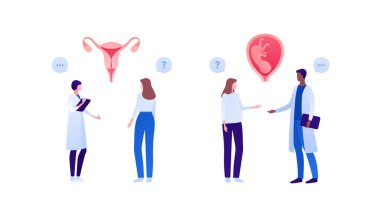 Jinekoloji kontrolü, hamilelik ve doğum öncesi sağlık konsepti. Vektör düz insan illüstrasyonu. Doktor ve hasta randevusu. Hamile kadın ve jinekolog. Rahim, embriyo ve soru sembolü