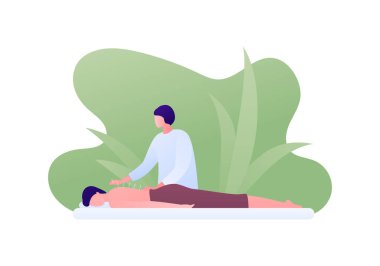 Akupunktur ve masaj terapisi konsepti. Vektör düz insan illüstrasyonu. Asyalı kadın akupunkturcu ve sabırlı kişi yeşil arka planda, beyaz üzerinde izole bir şekilde kanepede yatıyor..